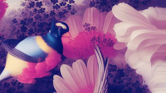 Generative ai motion animation of surreal vintage painting of flowers and birds. Digital image painted manipulation impressionism style.