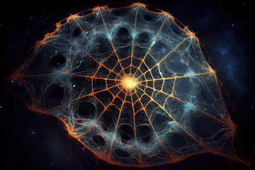 A supercluster of galaxies like a spider's web.