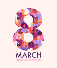 March 8th greeting card concept. Vector cartoon illustration for International Women's Day in a trendy flat style of a silhouette of the number 8, consisting of a pattern of many diverse women
 - obrazy, fototapety, plakaty