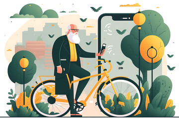 Flat vector illustration Senior senior businessman holding smartphone and using digital bike rental mobile app to rent a bike and ride in the city.  