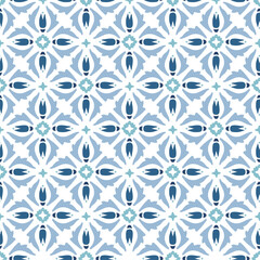 Portuguese azulejo. Floral abstract baroque ornamental tile. Hand drawn pale blue Moroccan seamless pattern for Ramadan holiday, banner. Islamic background, fabric, textile. Arabic decorative vector.