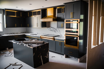 A modern kitchen under construction with glossy black cabinets and marble countertops - Generative AI