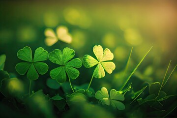 Four-leaf clovers in grass against blurred natural background. green clover leaves. St.Patrick 's Day. Spring natural background. Generative Ai