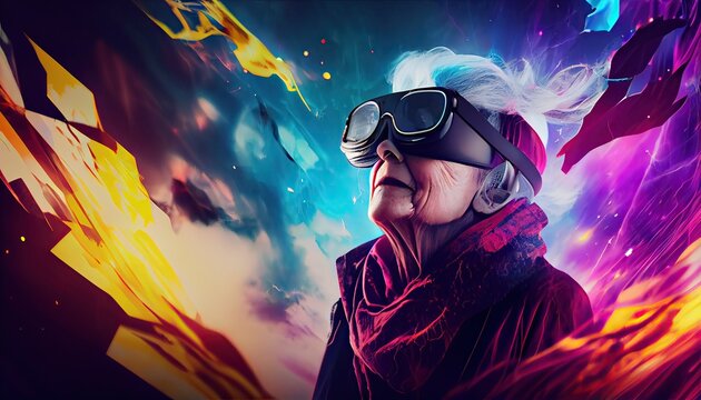 Senior woman wearing virtual reality goggles. tanding in virtual world background. Concept of virtual reality technology. Non-existent person. Generative Ai