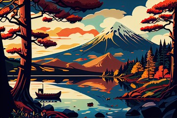 Mountain Fuji Japan View Landscape Travel Place.  illustration with mount fuji scenery misty lake And mountains, pine forests, backgrounds for web design, postcards, book covers, nature. Generative Ai