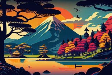 Mountain Fuji Japan View Landscape Travel Place.  illustration with mount fuji scenery misty lake And mountains, pine forests, backgrounds for web design, postcards, book covers, nature. Generative Ai