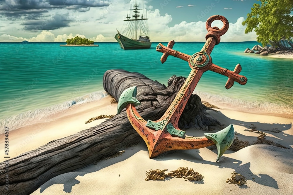 Wall mural Landscape with an anchor on the beach of a paradise island. Generative AI