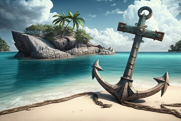 Landscape with an anchor on the beach of a paradise island. Generative AI