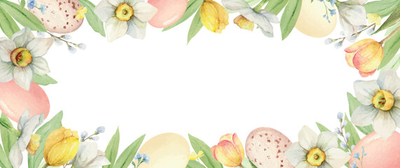 Happy Easter vector watercolor hand painted banner. - obrazy, fototapety, plakaty