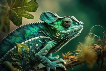Fototapeta premium Green colored chameleon close up. Generative AI.