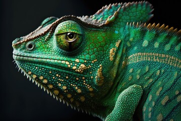 Fototapeta premium Green colored chameleon close up. Generative AI.