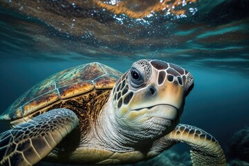 Fototapeta premium Close-up Sea Turtle in the sea. Generative AI.