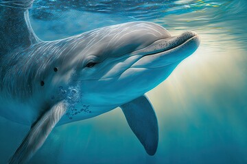 Close up dolphin in the sea. Generative AI.