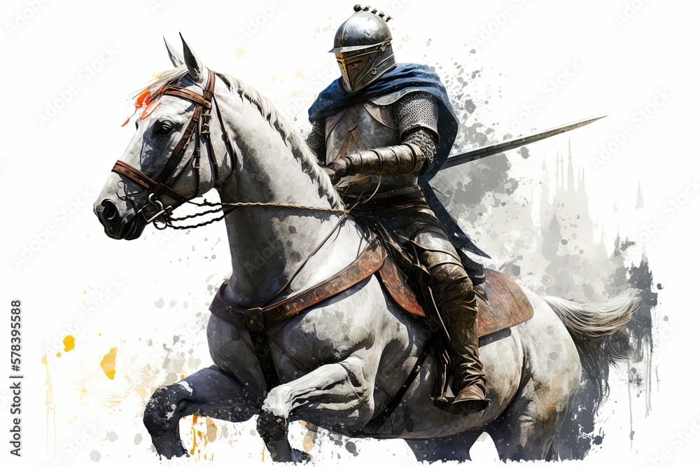 Canvas Prints Medieval knight painting, white background. Generative AI