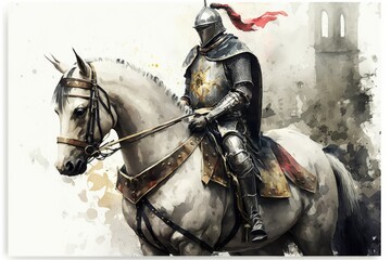 Medieval knight painting, white background. Generative AI - obrazy, fototapety, plakaty