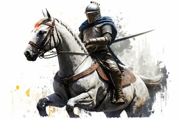 Medieval knight painting, white background. Generative AI - obrazy, fototapety, plakaty