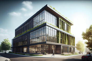 Fototapeta na wymiar Modern glass buildings covered with green plants.