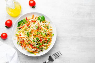Fresh Vegetable Salad with Cabbage, Bell Pepper, and Carrot on Bright Background, Healthy Eating