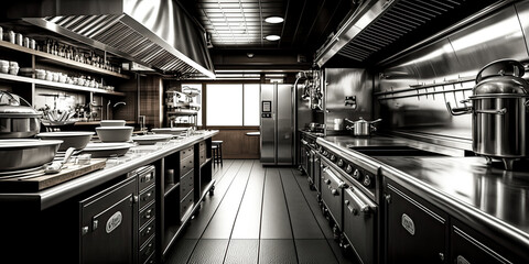 A pristine kitchen shines in the spotless restaurant - generative ai.