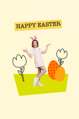 Collage colorful photo banner brochure artwork postcard poster of positive pretty girl walking yard isolated on painted background