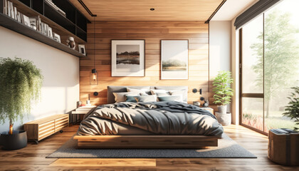 Chambre moderne d'un appartement ou villa haut de gamme, lumineux et cossu