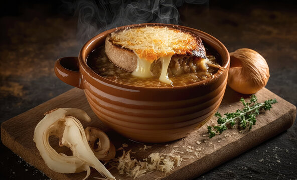 A bowl of soupe &agrave; l'oignon gratin&eacute;e, a rich onion soup topped with toasted bread and melted Gruy&egrave;re cheese - Generative AI