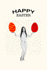 Vertical photo invitation card brochure poster collage of beautiful lady presenting big decorated eggs isolated on drawing background