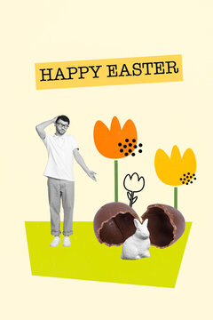 Creative greeting postcard collage of questioned young guy collect easter eggs surprise hatched ceramic rabbit toy