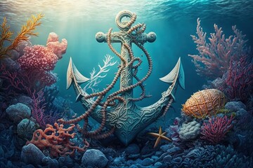 Illustration of a pirate ship anchors at the bottom of the sea amidst corals and reefs. Generative AI