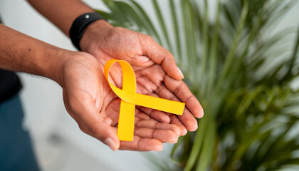 Endometriosis Awareness Day background young men holding yellow ribbon