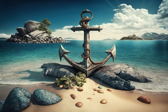 Illustration of pirate ship anchor on beach, sea in background. Generative AI