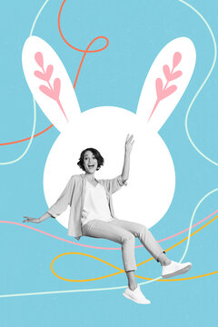 Collage 3d image of pinup pop retro sketch of charming lady sitting easter hare silhouette isolated painting background