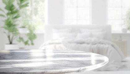 Empty marble stone table in front of blurred bedroom interior background,  can be used mock up for...