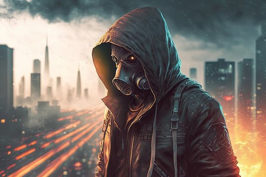Illustration of a person in a hood and gas mask, polluted city in the background, post apocalypse. Generative AI