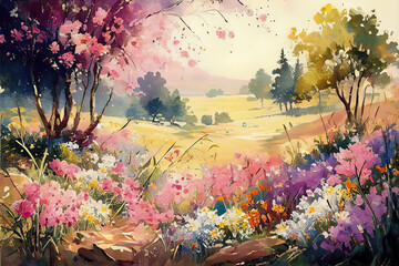 Obraz na płótnie Canvas The picture depicts a field in spring, filled with vibrant and colorful flowers. 