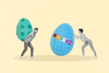 Decorative image template collage of two people prepare easter festive event push carry paintings eggs