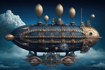Fototapeta na wymiar Landscape with airship in the sky with clouds, steampunk style. Generative AI