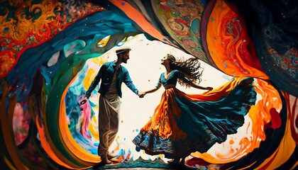 a couple's dance in Indian style, rich colors and traditional clothes created by AI