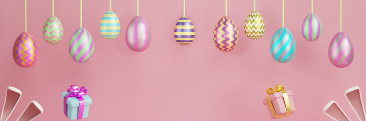 Easter banner, eggs on strings on a pink background. Copy space 3D rendering