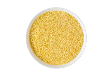 Couscous grains in bowl isolated on white background, high angle view
