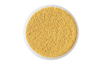 Millet grains in bowl isolated on white background, high angle view