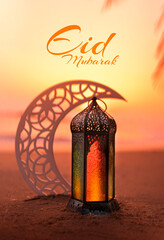 Ramadan lantern and Crescent moon shape on the beach at sunset