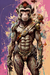 full body portrait of an anthropomorphic monkey warrior, full colors ink acrylic art