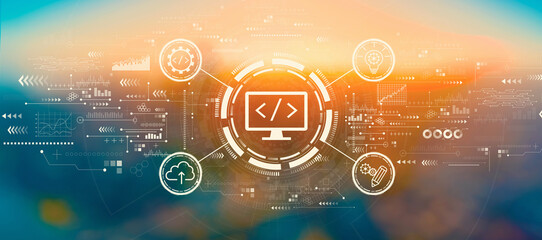 Web development concept with blurred cityscape at sunset or sunrise