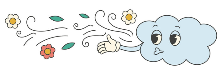Groovy 70s spring, summer sticker. Y2k groovy cute cloud character blowing wind