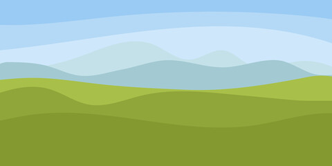 Summer panoramic landscape. Landscape illustration in flat style with mountains, hills and green field. Vector illustration