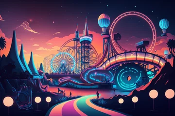 Vlies Fototapete Vergnügungspark Wallpaper with an amusement park backdrop with neon Generative AI