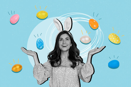 Photo collage artwork minimal picture of funny excited lady catching falling easter eggs isolated drawing background