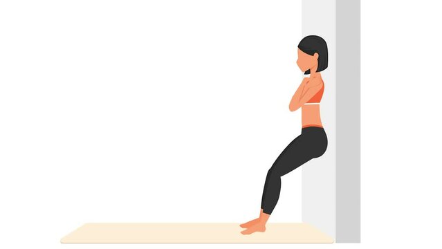 Wall sit exercise tutorial. Female workout on mat
