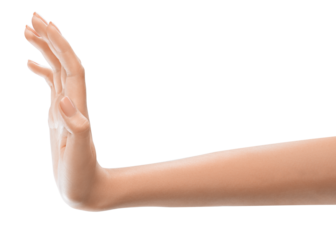 Human Hand signing stop isolated transparent  PNG photo. Woman's hand symbolizing a stop gesture.
